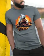 Vintage Steam Train Adventure Graphic Tee for Rail Fans - model wearing grey tee, leaning on column