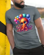 Cute Balloon Party Octopus Kawaii Happy Celebration Tee - model wearing grey tee, leaning on column