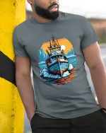 Retro Fishing Boat Adventure Sunset Ocean Graphic Tee - model wearing grey tee, leaning on column