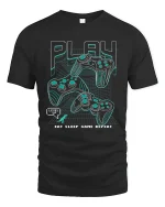 Eat Sleep Game Repeat Retro Gamer Graphic Tee - black t-shirt on white background