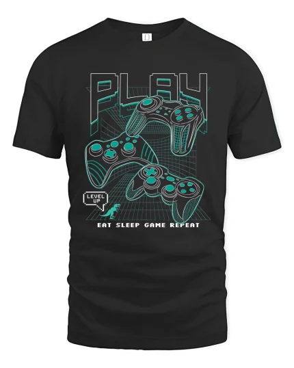 Eat Sleep Game Repeat Retro Gamer Graphic Tee - black t-shirt on white background
