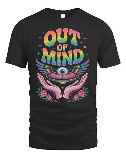 Out of Mind Trippy Eye Graphic Tee for Dreamers - black t-shirt on white background