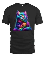 Rainbow Neon Cat Art Graphic Tee for Cat Lovers - black t-shirt on white background