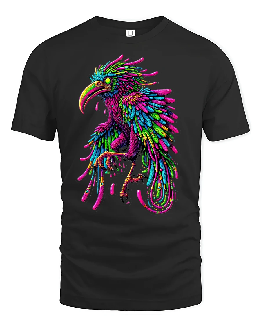 Neon Bird Splash Art Graphic Tee for Men and Women - 1 Neon Bird Splash Art Graphic Tee for Men and Women - black t-shirt on white background