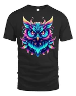 Neon Owl Glow Art Graphic Tee for Night Lovers - black t-shirt on white background