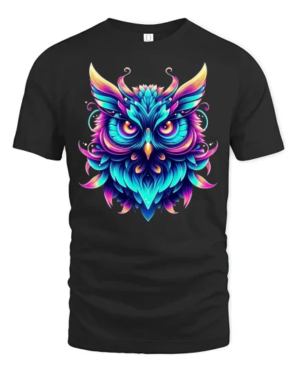 Neon Owl Glow Art Graphic Tee for Night Lovers - black t-shirt on white background