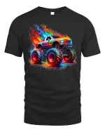 Flaming Monster Truck Neon Graphic Tee Unisex - black t-shirt on white background