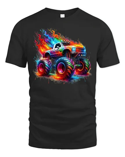 Flaming Monster Truck Neon Graphic Tee Unisex - black t-shirt on white background