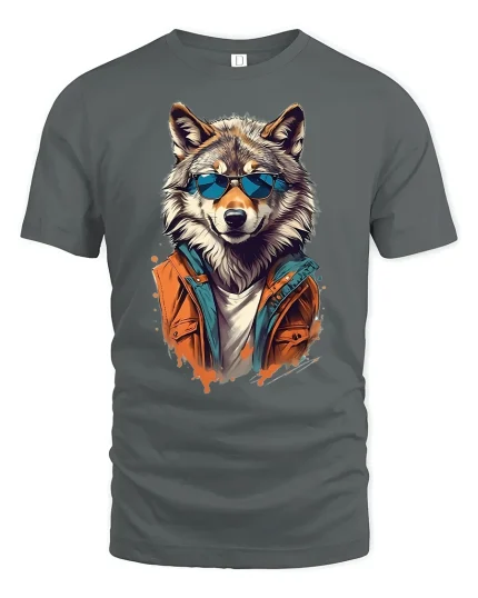 Cool Wolf Sunglasses Graphic Tee for Men - gray t-shirt on white background
