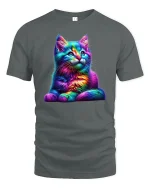 Rainbow Neon Cat Art Graphic Tee for Cat Lovers - gray t-shirt on white background