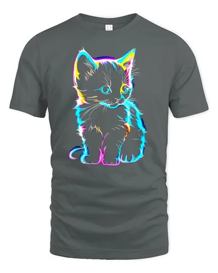 Neon Cat Glow Graphic Tee for Cat Lovers - gray t-shirt on white background