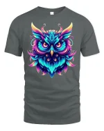 Neon Owl Glow Art Graphic Tee for Night Lovers - gray t-shirt on white background
