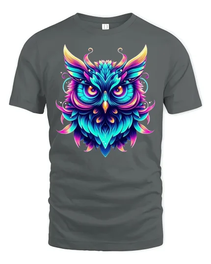 Neon Owl Glow Art Graphic Tee for Night Lovers - gray t-shirt on white background