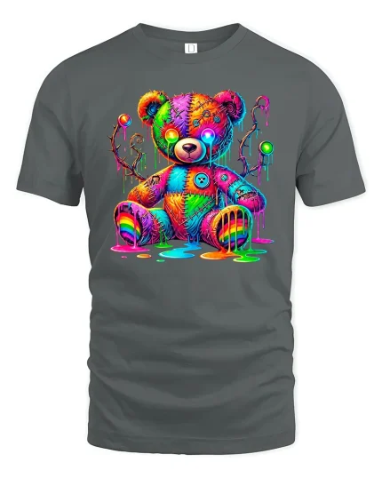Trippy Rainbow Teddy Bear Graphic Tee Unisex - gray t-shirt on white background
