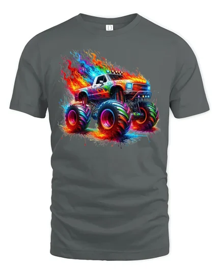 Flaming Monster Truck Neon Graphic Tee Unisex - gray t-shirt on white background