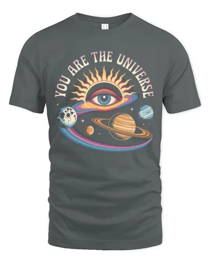You Are The Universe Cosmic Eye Graphic Tee - gray t-shirt on white background