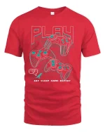 Eat Sleep Game Repeat Retro Gamer Graphic Tee - red t-shirt on white background
