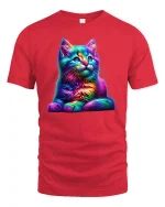Rainbow Neon Cat Art Graphic Tee for Cat Lovers - red t-shirt on white background