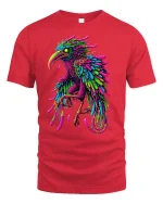 Neon Bird Splash Art Graphic Tee for Men and Women - red t-shirt on white background