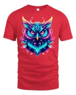 Neon Owl Glow Art Graphic Tee for Night Lovers - red t-shirt on white background