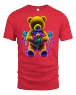 Neon Teddy Bear Flowers Graphic Tee for Lovers - red t-shirt on white background