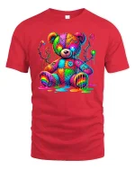 Trippy Rainbow Teddy Bear Graphic Tee Unisex - red t-shirt on white background