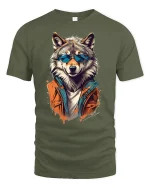 Cool Wolf Sunglasses Graphic Tee for Men - military green t-shirt on white background