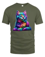 Rainbow Neon Cat Art Graphic Tee for Cat Lovers - military green t-shirt on white background