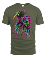 Neon Bird Splash Art Graphic Tee for Men and Women - military green t-shirt on white background