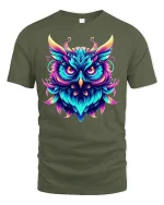Neon Owl Glow Art Graphic Tee for Night Lovers - military green t-shirt on white background