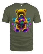 Neon Teddy Bear Flowers Graphic Tee for Lovers - military green t-shirt on white background