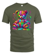 Trippy Rainbow Teddy Bear Graphic Tee Unisex - military green t-shirt on white background