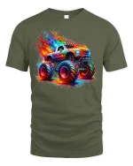 Flaming Monster Truck Neon Graphic Tee Unisex - military green t-shirt on white background