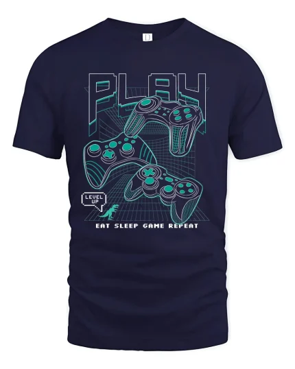 Eat Sleep Game Repeat Retro Gamer Graphic Tee - navy t-shirt on white background