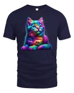 Rainbow Neon Cat Art Graphic Tee for Cat Lovers - navy t-shirt on white background