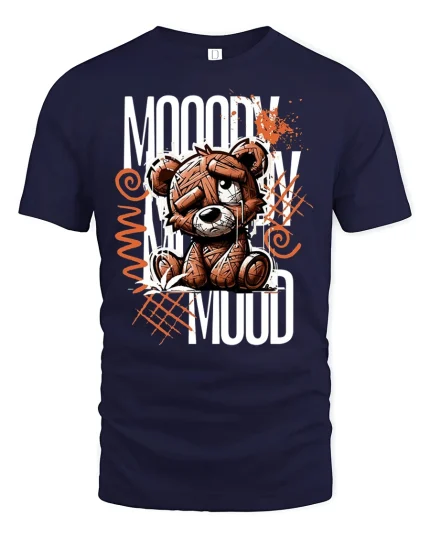 Moody Teddy Bear Graphic Tee for Cool Vibes - navy t-shirt on white background