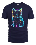 Neon Cat Glow Graphic Tee for Cat Lovers - navy t-shirt on white background
