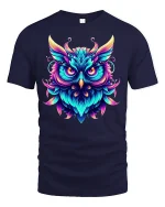 Neon Owl Glow Art Graphic Tee for Night Lovers - navy t-shirt on white background