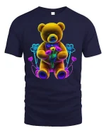 Neon Teddy Bear Flowers Graphic Tee for Lovers - navy t-shirt on white background