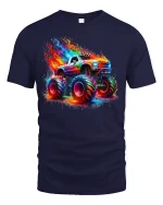 Flaming Monster Truck Neon Graphic Tee Unisex - navy t-shirt on white background