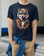 Cool Wolf Sunglasses Graphic Tee for Men - model wearing navy tee with hands in pockets