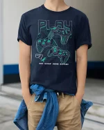 Eat Sleep Game Repeat Retro Gamer Graphic Tee - model wearing navy tee with hands in pockets