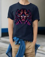 Fierce Neon Tiger Claw Graphic Tee for Men and Women - model wearing navy tee with hands in pockets