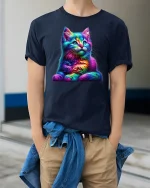 Rainbow Neon Cat Art Graphic Tee for Cat Lovers - model wearing navy tee with hands in pockets