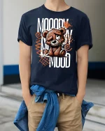 Moody Teddy Bear Graphic Tee for Cool Vibes - model wearing navy tee with hands in pockets