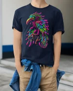 Neon Bird Splash Art Graphic Tee for Men and Women - model wearing navy tee with hands in pockets