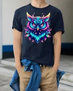 Neon Owl Glow Art Graphic Tee for Night Lovers - model wearing navy tee with hands in pockets