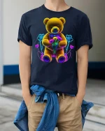 Neon Teddy Bear Flowers Graphic Tee for Lovers - model wearing navy tee with hands in pockets