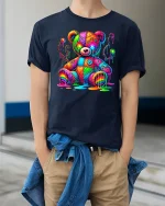 Trippy Rainbow Teddy Bear Graphic Tee Unisex - model wearing navy tee with hands in pockets