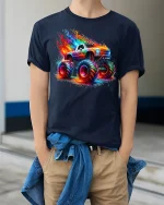 Flaming Monster Truck Neon Graphic Tee Unisex - model wearing navy tee with hands in pockets